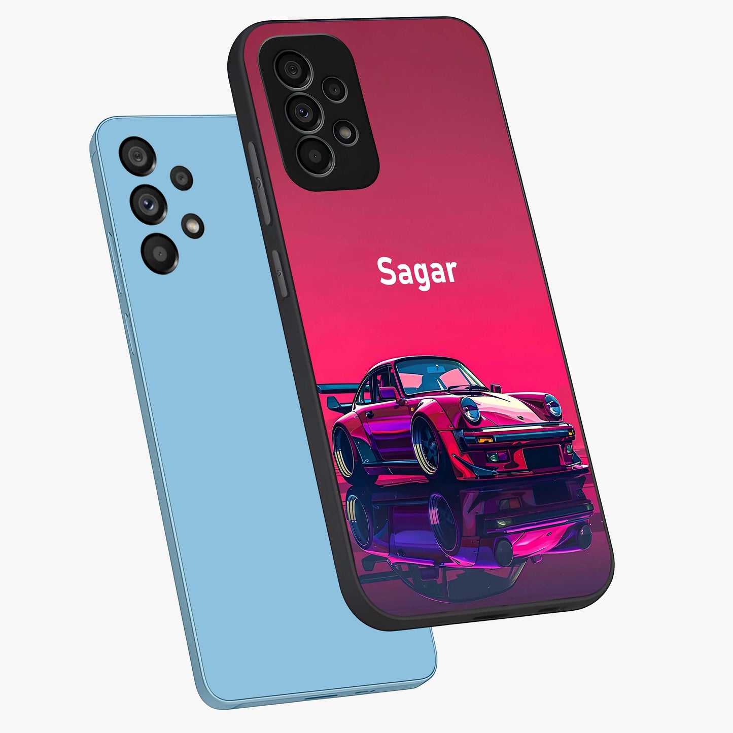 Neon Pink Porsche Glass Case displayed in angled mockup highlighting sleek neon pink car design with racing aesthetic.
