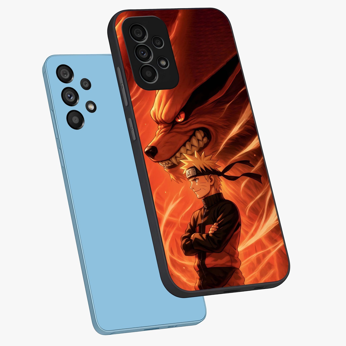 Nine Tails Legacy Glass Case displayed in angled mockup highlighting dynamic anime beast illustration with bold mystical aesthetic.