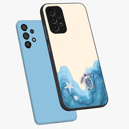 Ocean Drift Turtle Glass Case displayed in angled mockup highlighting peaceful ocean turtle illustration with marine aesthetic.