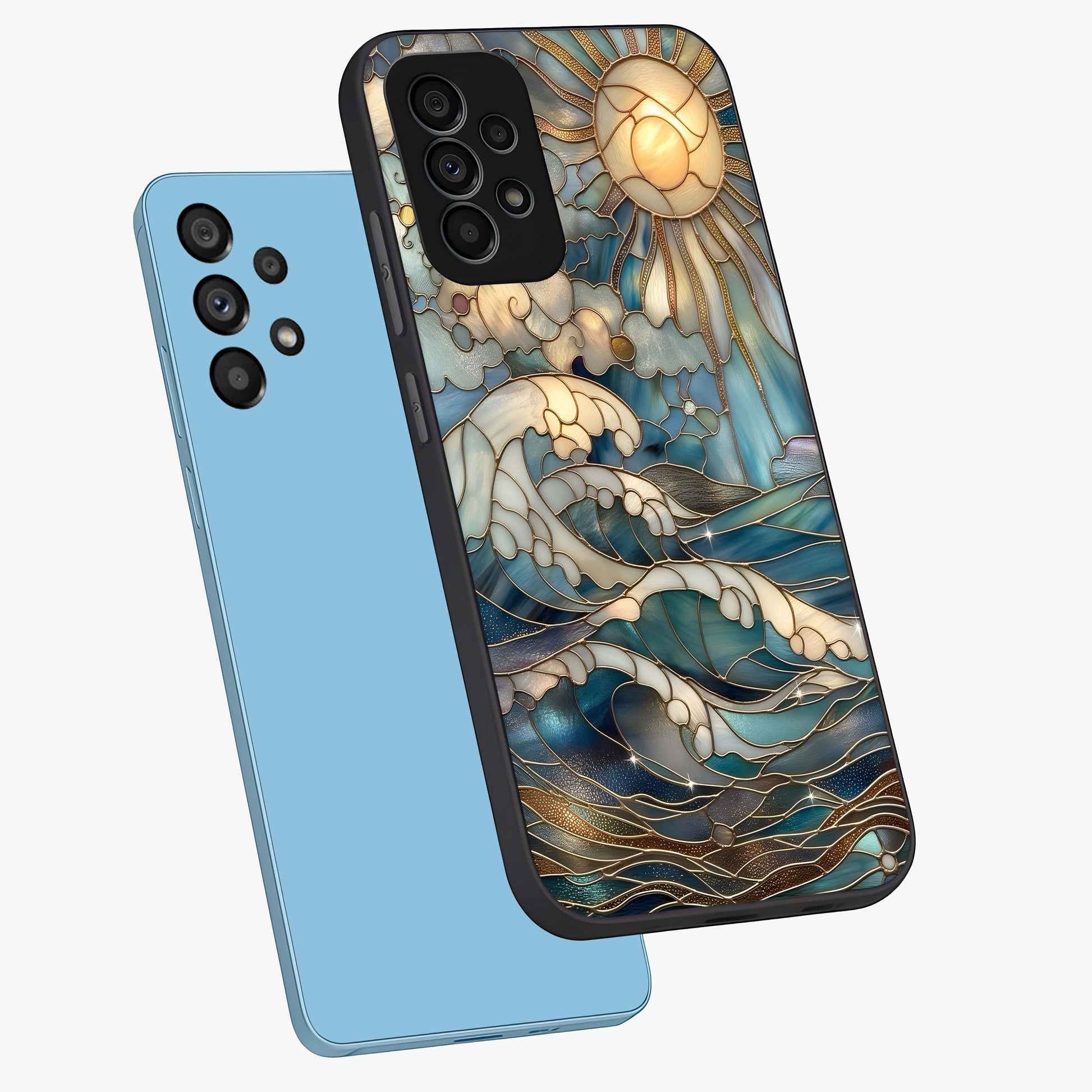 Oceanic Stained Printed Glass Case displayed in angled mockup highlighting colorful aquatic design with artistic aesthetic style.