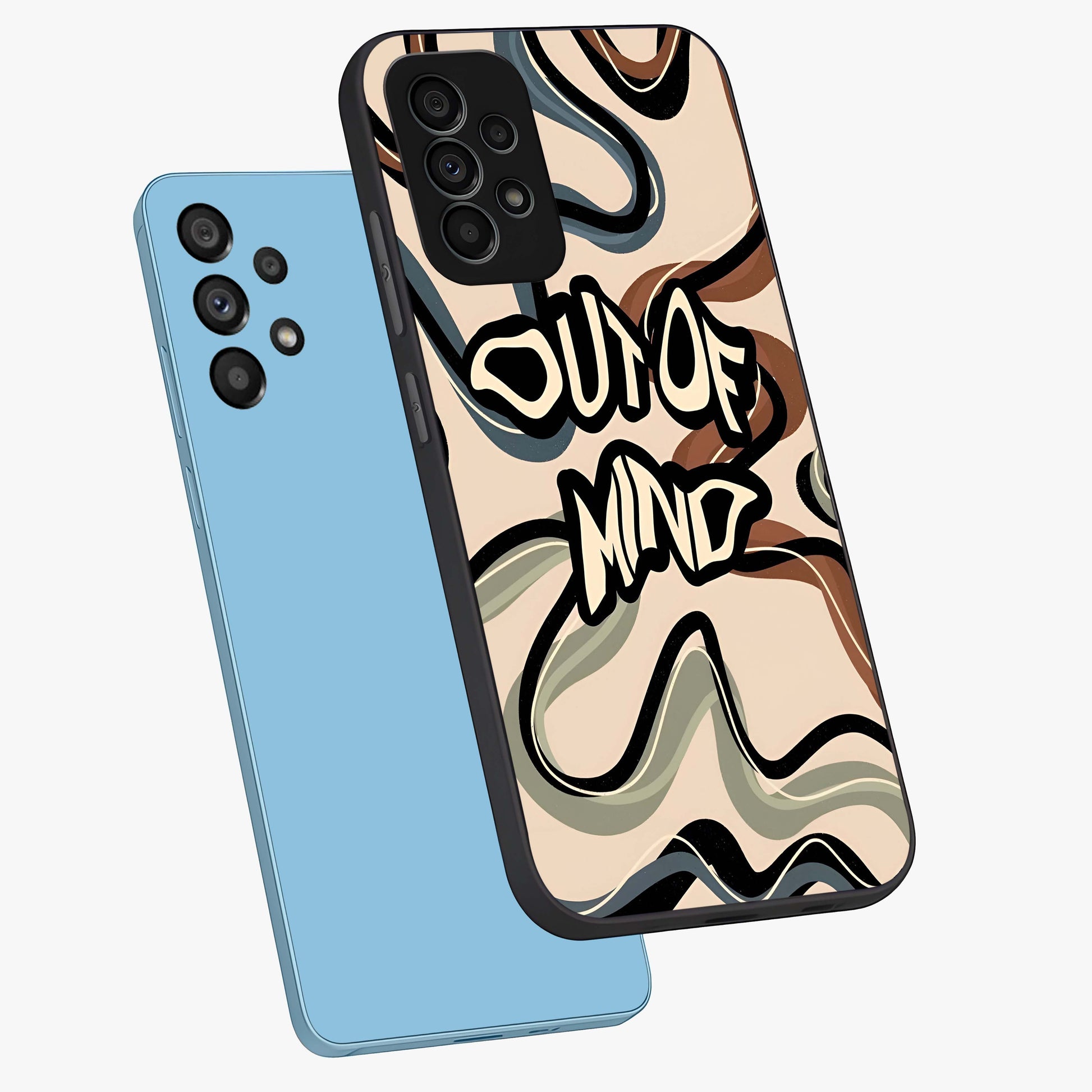 Out Of Mind Glass Case displayed in angled mockup highlighting bold statement design with modern artistic aesthetic.