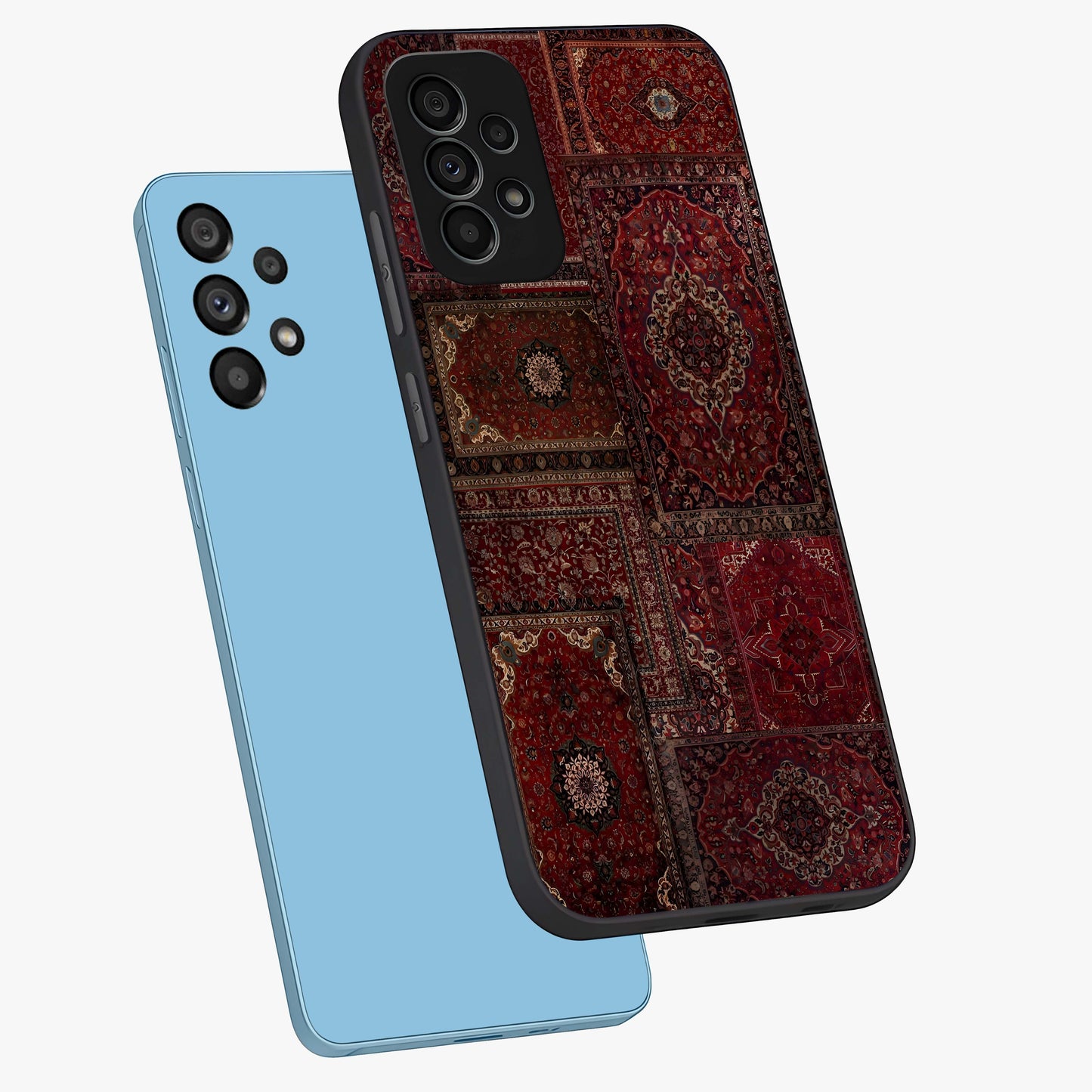 Persian Velvet Tale Glass Case displayed in angled mockup highlighting ornate textile inspired design with royal aesthetic.