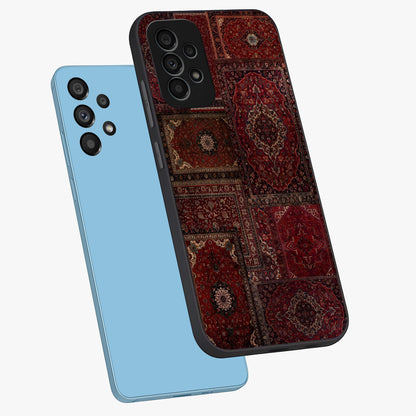 Persian Velvet Tale Glass Case displayed in angled mockup highlighting ornate textile inspired design with royal aesthetic.