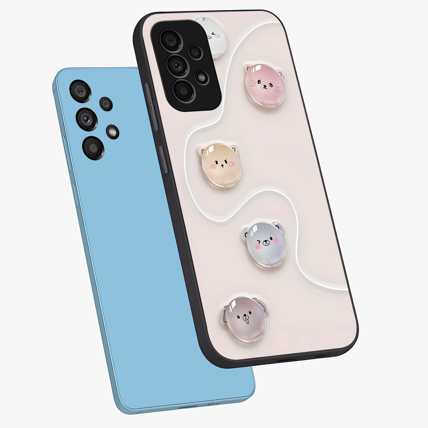 Puffy Face Parade Glass Case displayed in angled mockup highlighting playful cartoon face design with fun aesthetic.