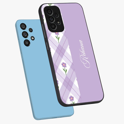 Purple Diamond Floral Glass Case displayed in angled mockup highlighting elegant purple flower design with decorative pattern.