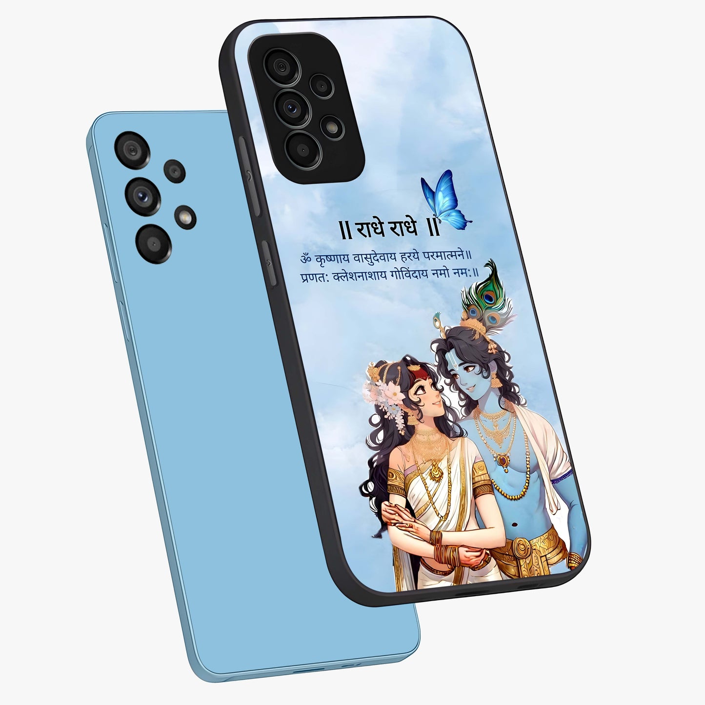 Radha Krishna Eternal Glass Case displayed in angled mockup highlighting divine Radha Krishna illustration with spiritual aesthetic.