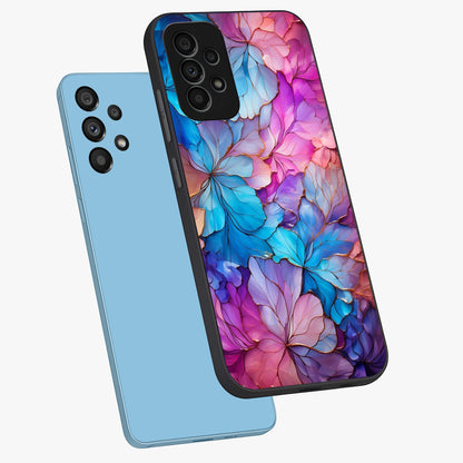 Radiant Floral Whirl Glass Case displayed in angled mockup highlighting vibrant flower pattern with dynamic artistic aesthetic.