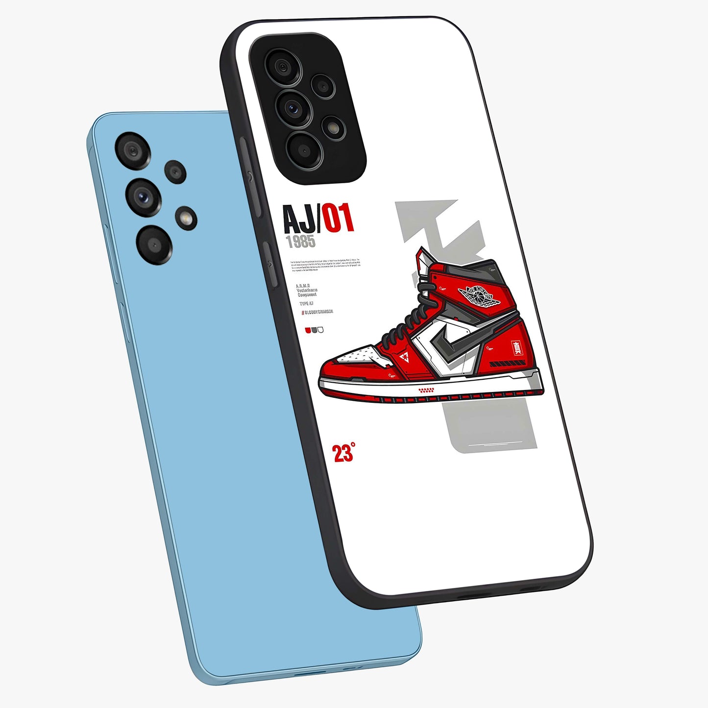 Retro Sneaker Blueprint Glass Case displayed in angled mockup highlighting detailed shoe design with sporty retro aesthetic.