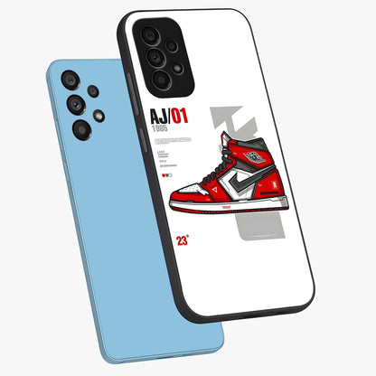 Retro Sneaker Blueprint Glass Case displayed in angled mockup highlighting detailed shoe design with sporty retro aesthetic.