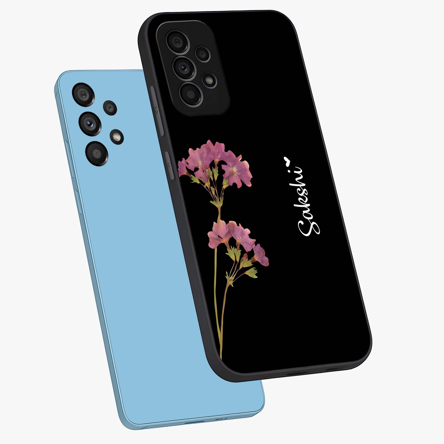 Riching Lavender Flower Custom Name Glass Case displayed in angled mockup highlighting delicate lavender flower design with custom name feature.