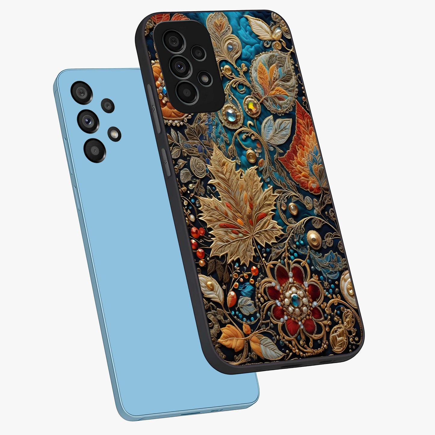 Royal Jewel Garden Glass Case displayed in angled mockup highlighting vibrant jewel inspired floral design with elegant aesthetic.