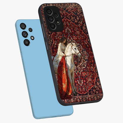 Royal Rider Tapestry Glass Case displayed in angled mockup highlighting traditional tapestry design with royal heritage aesthetic.