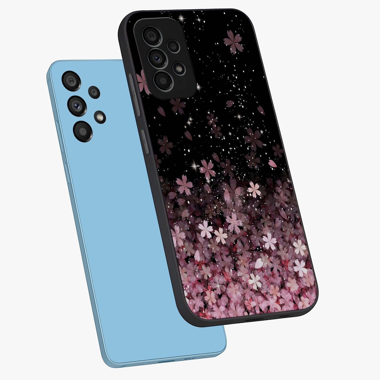 Small Starry Flowers Glass Case displayed in angled mockup highlighting tiny flower pattern with celestial aesthetic style.