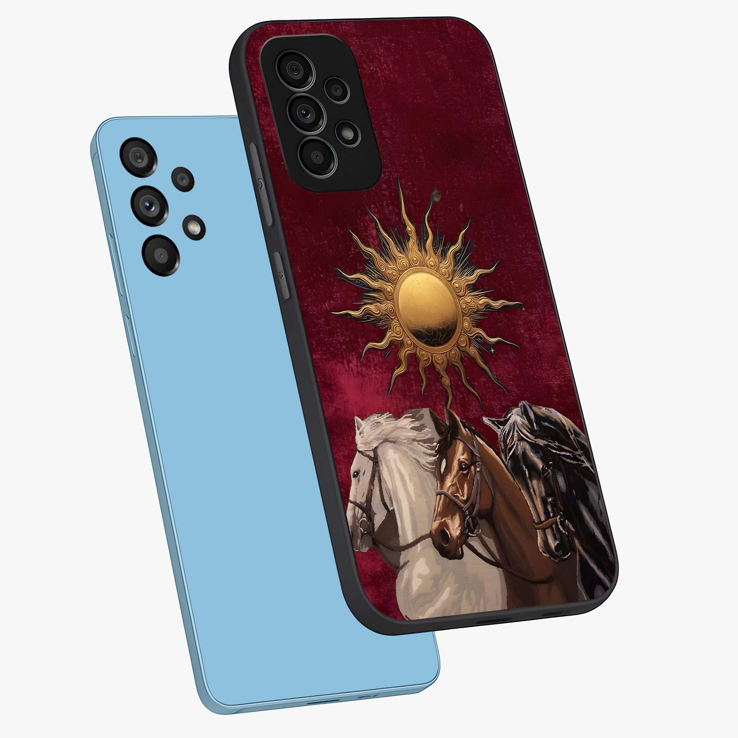 Solar Riders Glass Case displayed in angled mockup highlighting powerful rider illustration with radiant solar aesthetic.