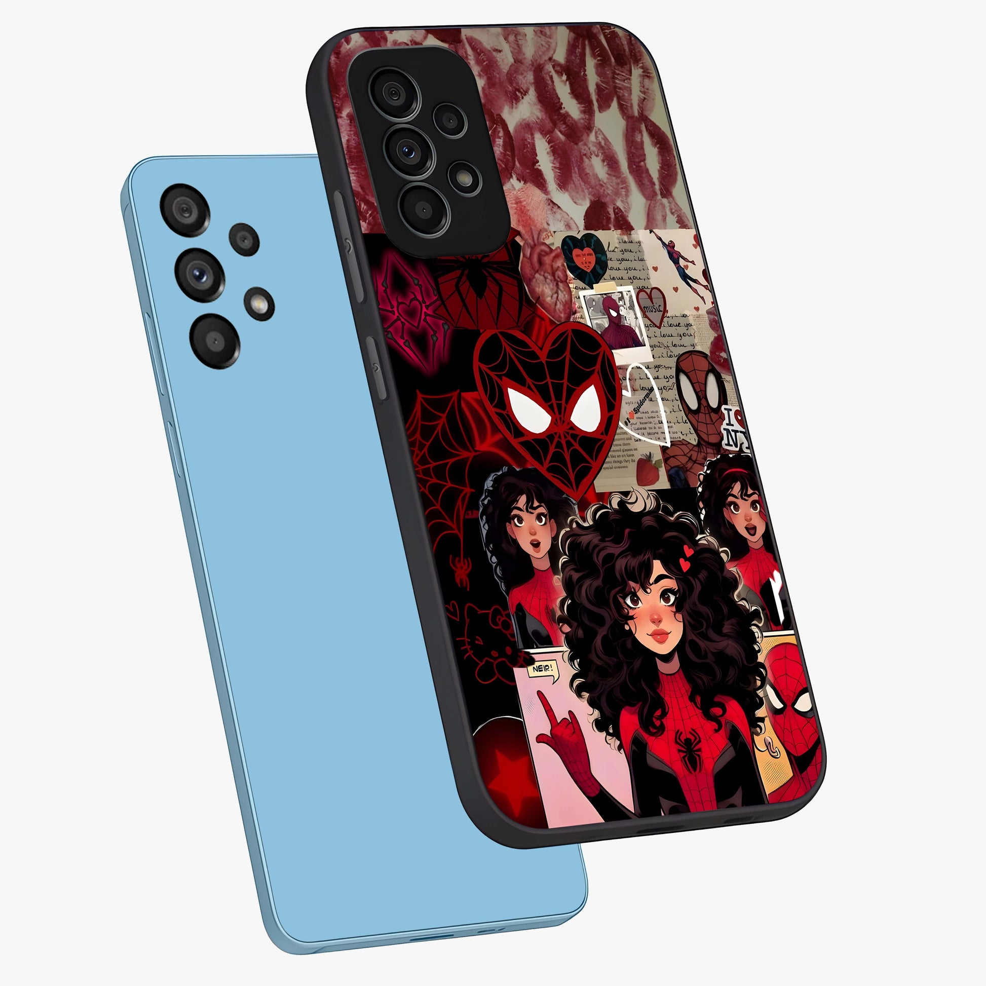 Spider Love Story Glass Case displayed in angled mockup highlighting expressive comic inspired design with playful aesthetic.