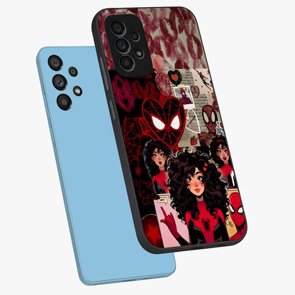 Spider Love Story Glass Case displayed in angled mockup highlighting expressive comic inspired design with playful aesthetic.