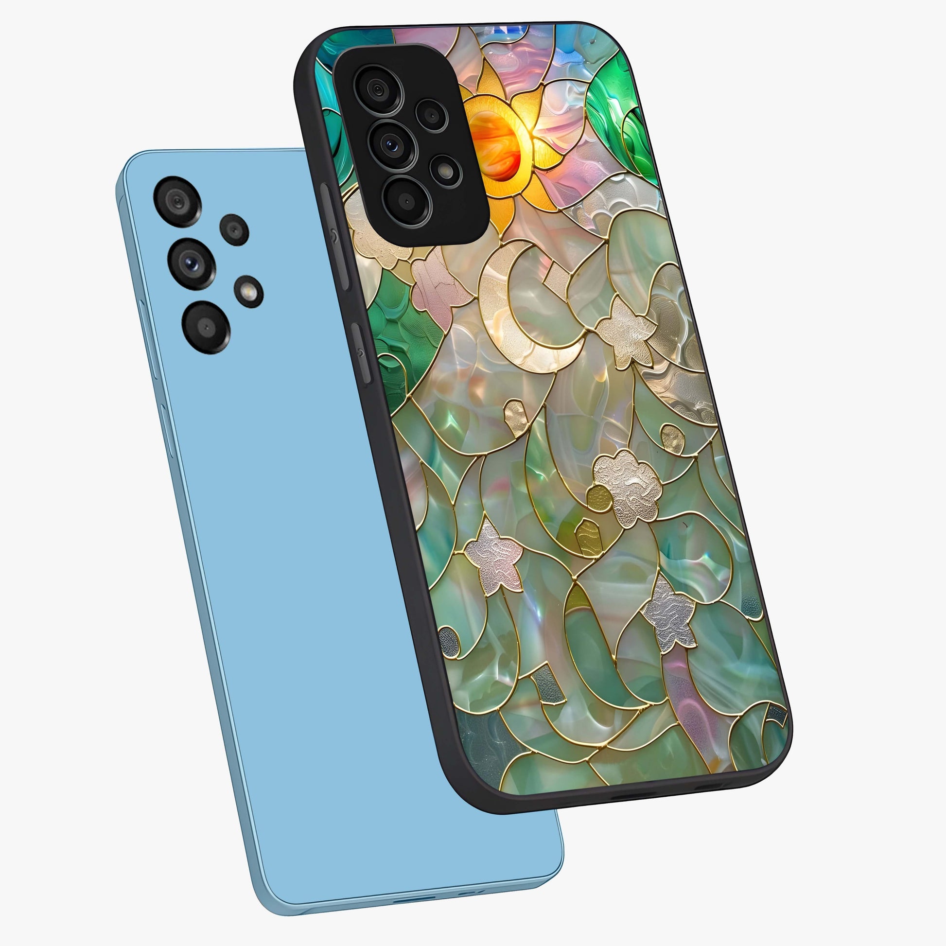 Stained Sunrise Glow Glass Case displayed in angled mockup highlighting radiant sunrise design with artistic aesthetic style.