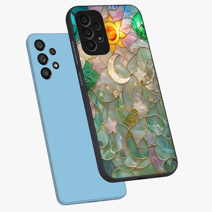 Stained Sunrise Glow Glass Case displayed in angled mockup highlighting radiant sunrise design with artistic aesthetic style.