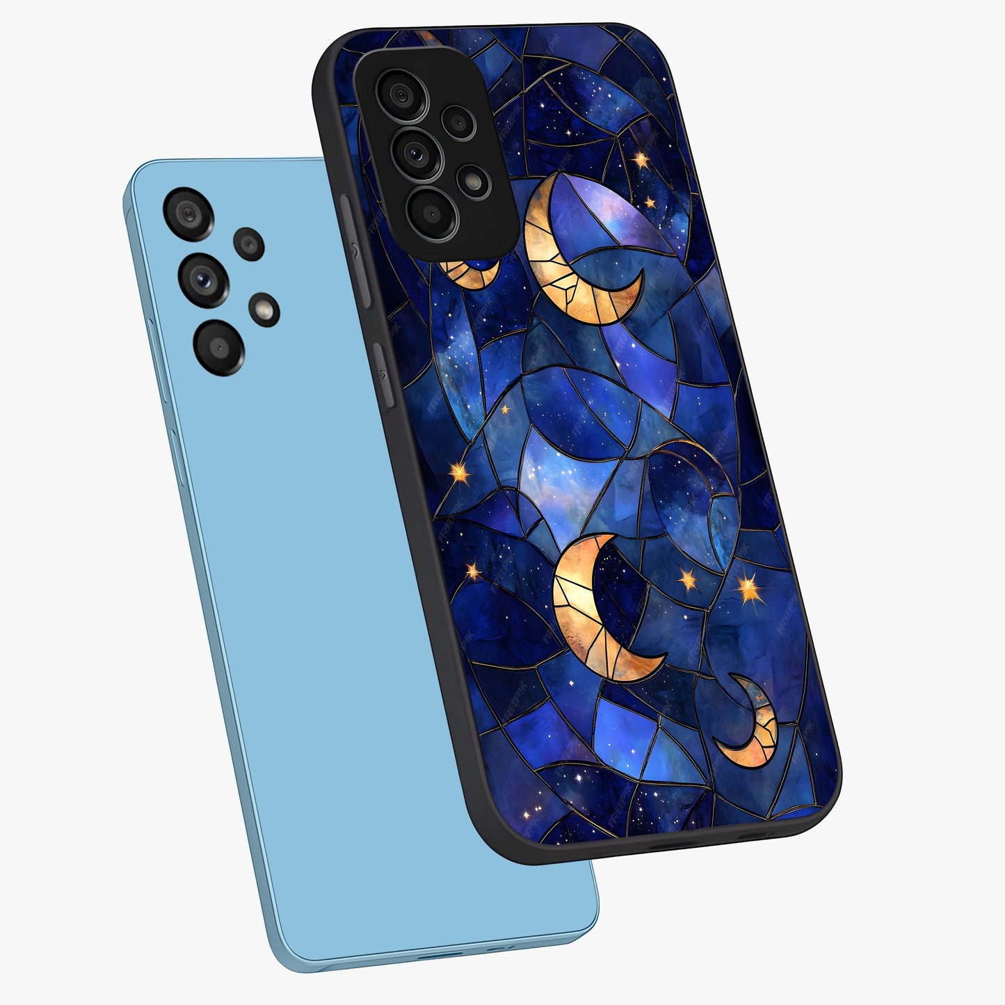 Starlit Sky Tapestry Glass Case displayed in angled mockup highlighting celestial night pattern with artistic aesthetic style.