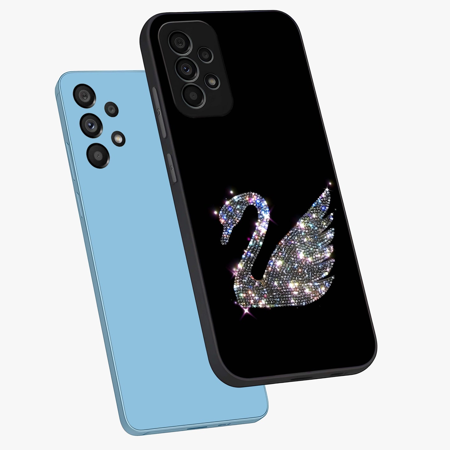 Starlit Swan Grace Glass Case displayed in angled mockup highlighting elegant swan illustration with dreamy celestial aesthetic.