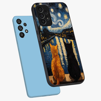 Starry River Cats Glass Case displayed in angled mockup highlighting charming feline illustration with dreamy night aesthetic.