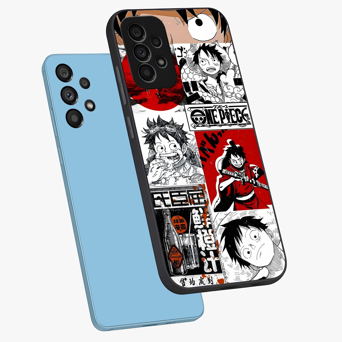 Strawhat Chaos Panels Glass Case displayed in angled mockup highlighting vibrant anime collage design with action aesthetic.