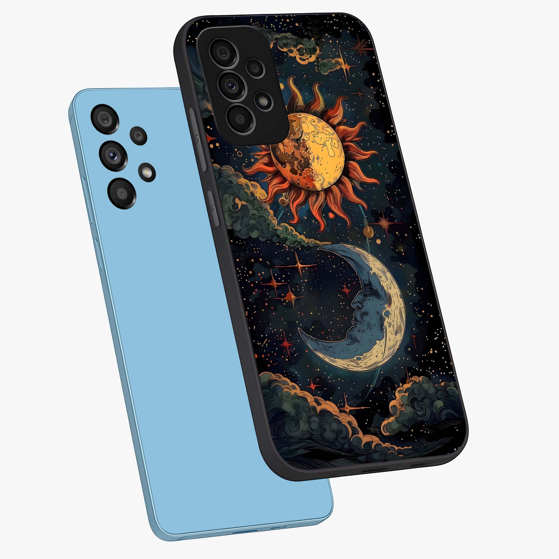 Sun And Moon Magic Design Glass Case displayed in angled mockup highlighting celestial design with magical cosmic aesthetic.