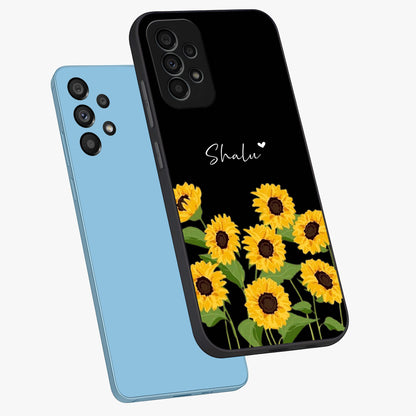 Sunflower Chic Mood Custom Name Glass Case displayed in angled mockup highlighting vibrant sunflower design with custom name feature.