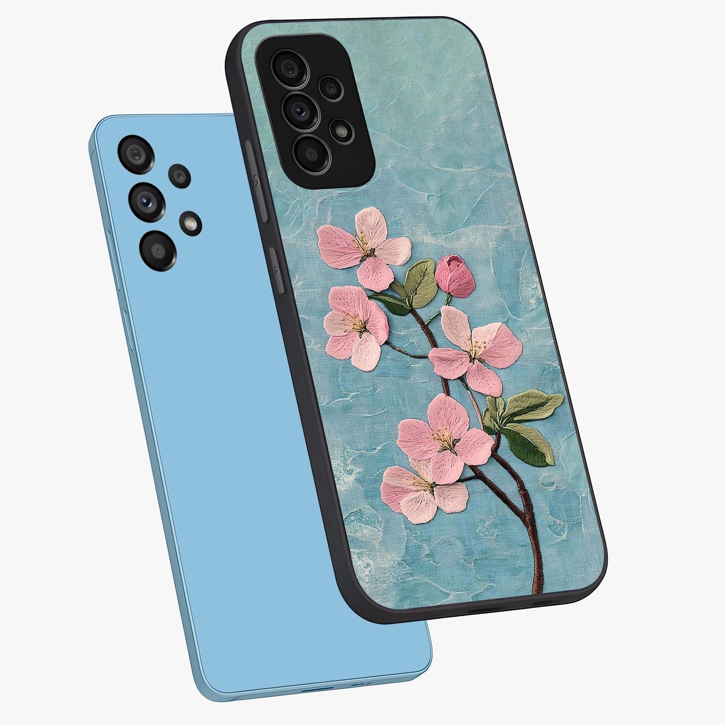Threaded Blossom Breeze Glass Case displayed in angled mockup highlighting elegant floral design with soft aesthetic style.