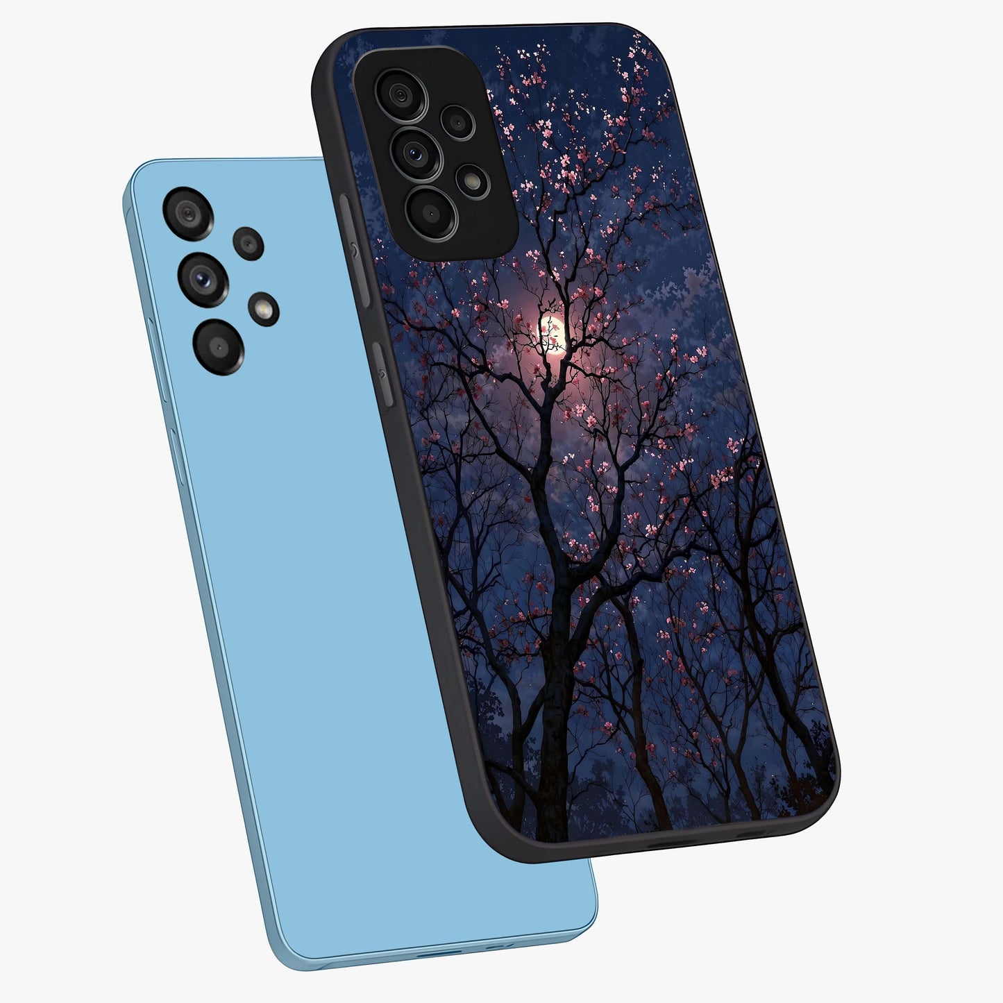 Twilight Sakura Serenade Glass Case displayed in angled mockup highlighting delicate sakura flower design with dreamy aesthetic.
