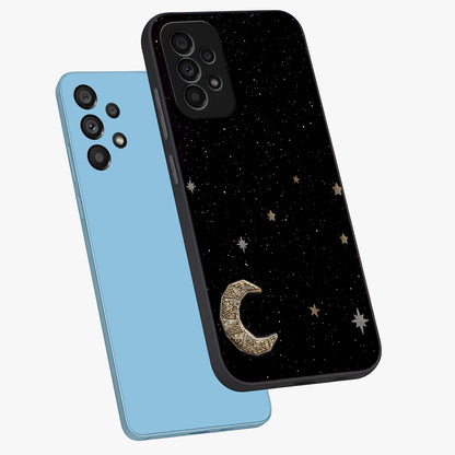 Twinkle Star With Half Moon Glass Case displayed in angled mockup highlighting celestial moon and star design with magical aesthetic.