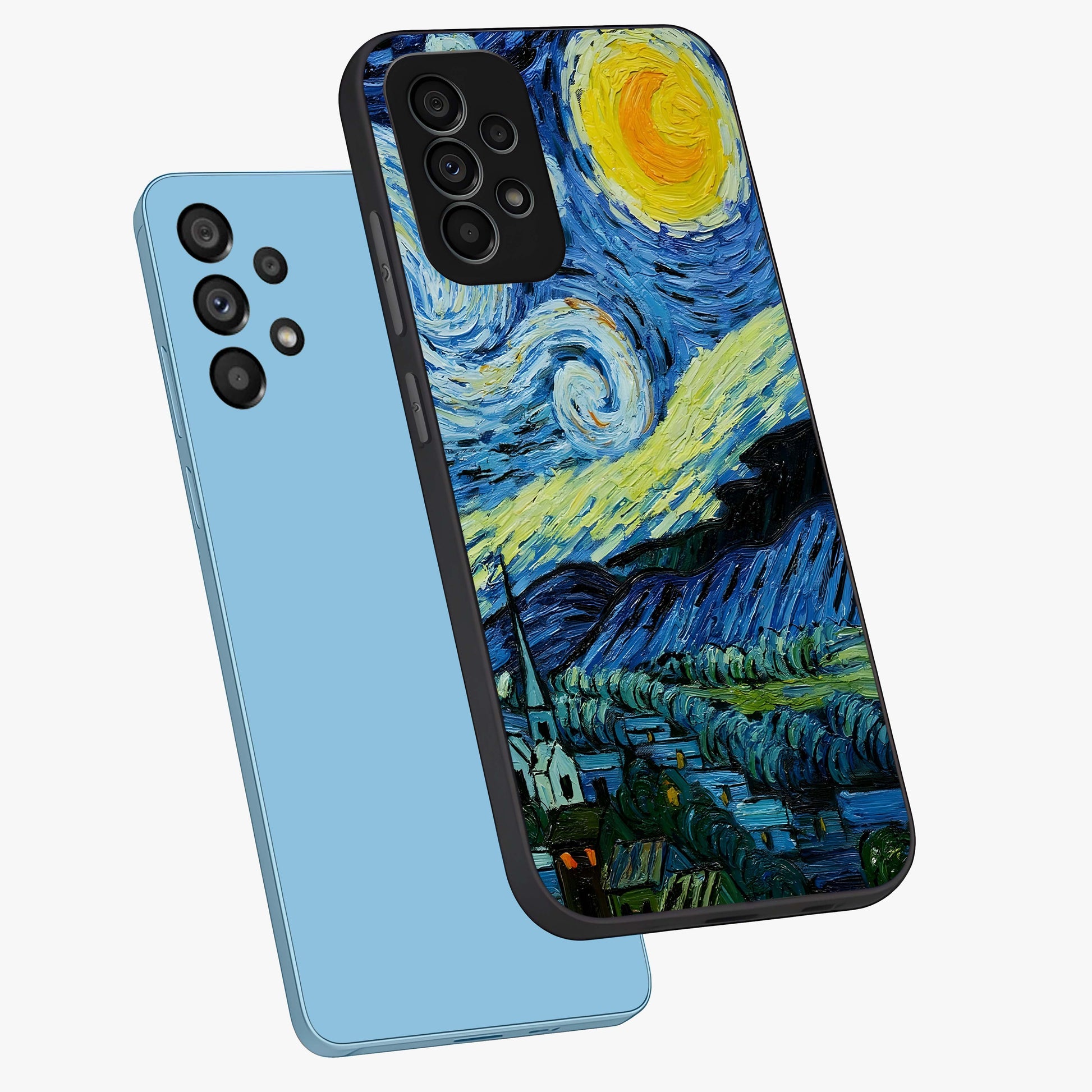 Van Gogh Art Glass Case displayed in angled mockup highlighting swirling brushstroke design with artistic aesthetic.
