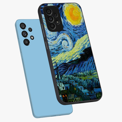 Van Gogh Art Glass Case displayed in angled mockup highlighting swirling brushstroke design with artistic aesthetic.