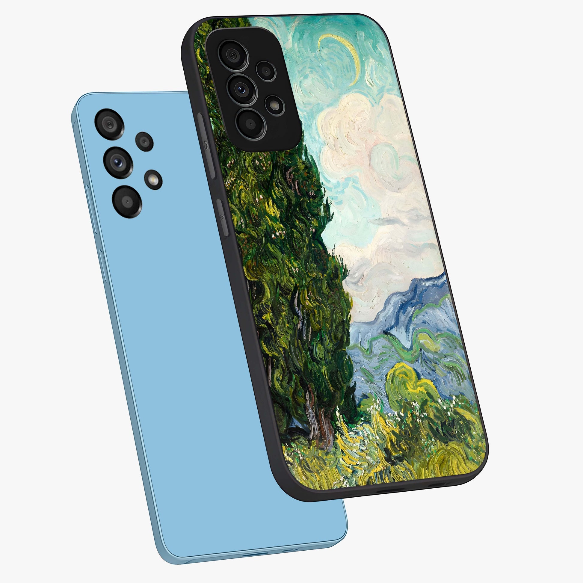 Van Gogh Vintage Art Glass Case displayed in angled mockup highlighting textured brushstroke design with classic aesthetic.