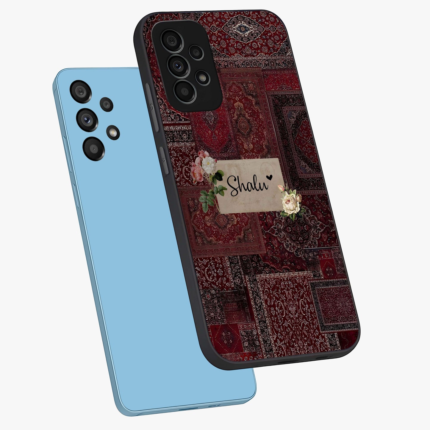 Velvet Wine Pattern Custom Name Glass Case displayed in angled mockup highlighting decorative velvet inspired design with custom name feature.