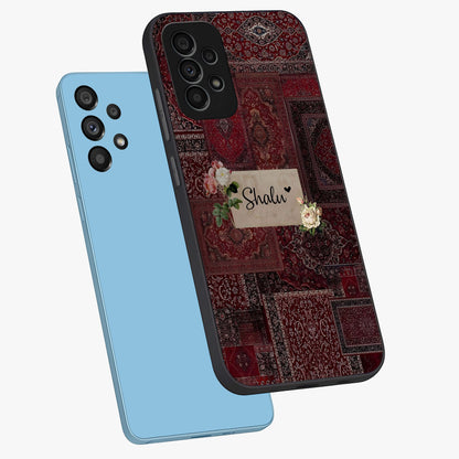 Velvet Wine Pattern Custom Name Glass Case displayed in angled mockup highlighting decorative velvet inspired design with custom name feature.