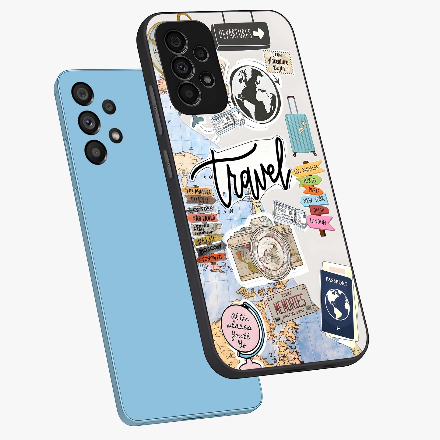 Wanderlust Journal Glass Case displayed in angled mockup highlighting adventure themed design with aesthetic travel vibe.