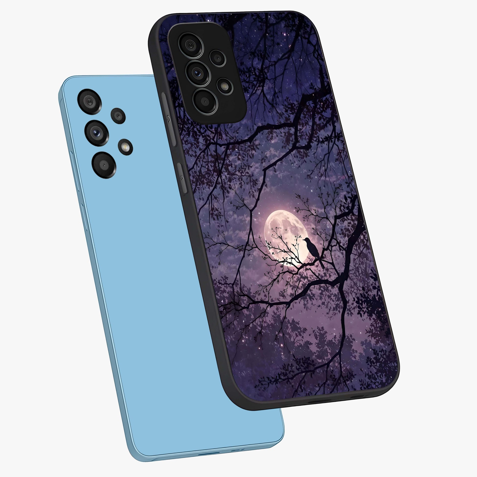 Whispering Moon Silence Glass Case displayed in angled mockup highlighting calm lunar design with dreamy night aesthetic.
