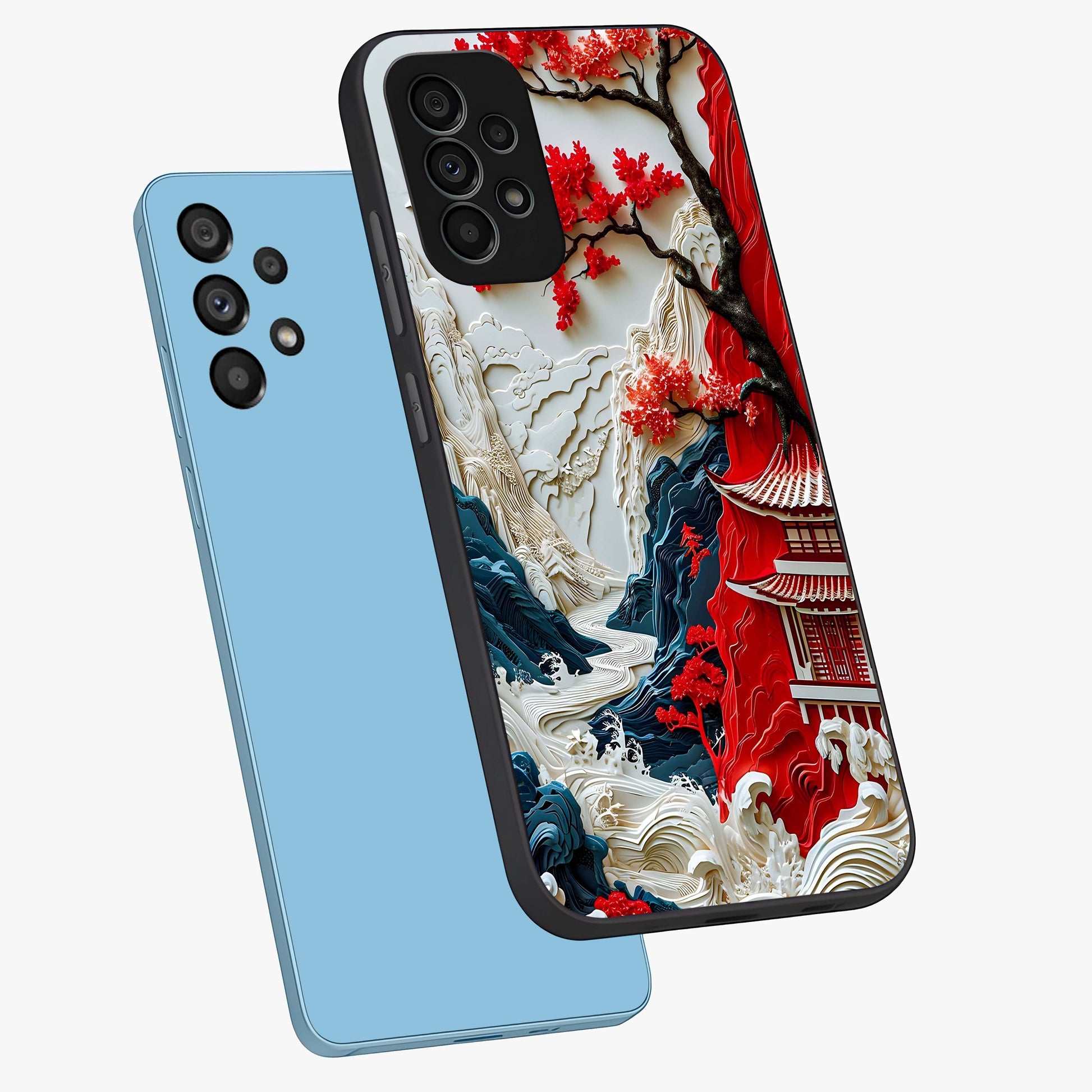 Whispers Of Sakura Waves Glass Case displayed in angled mockup highlighting flowing sakura design with soft floral aesthetic.