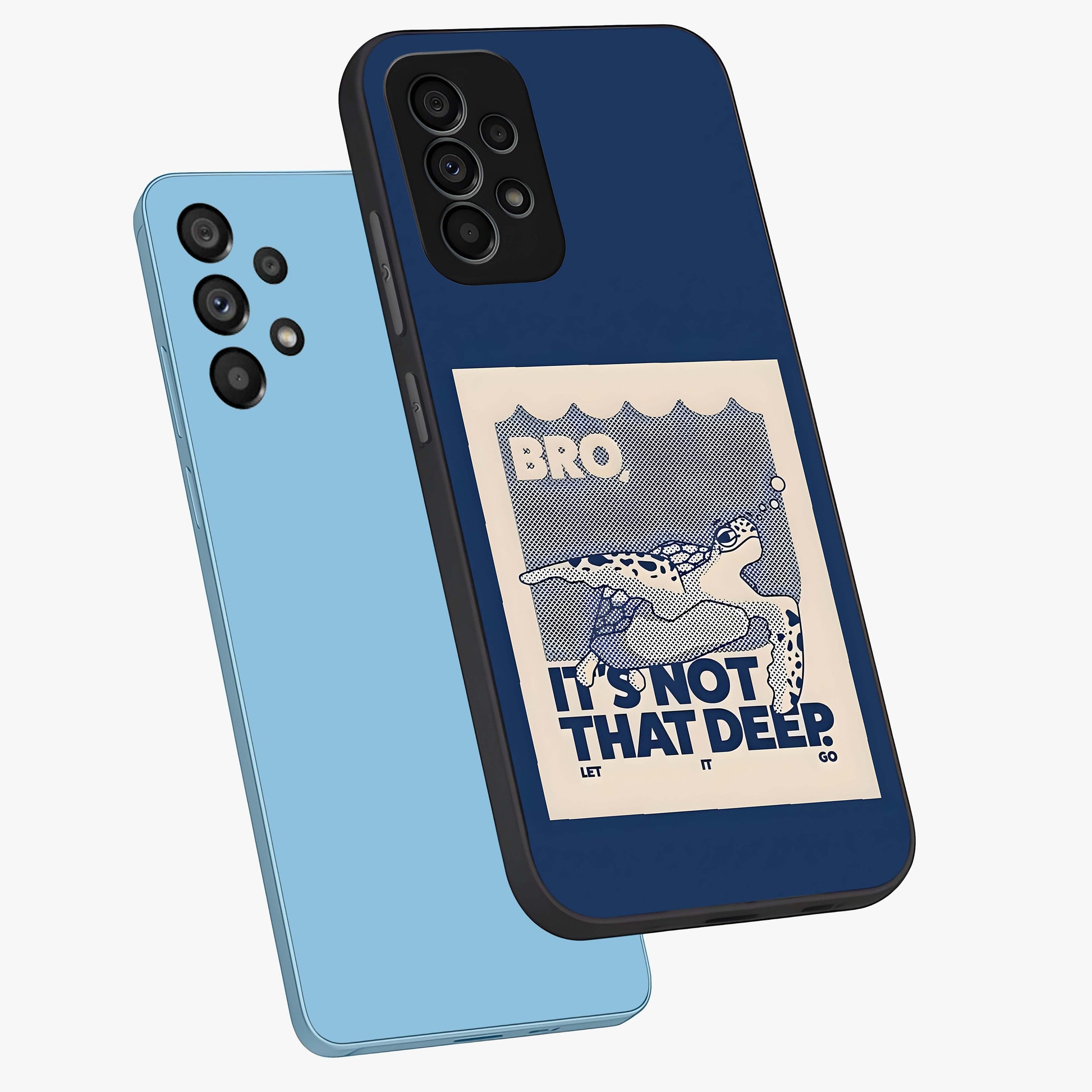Worry Less Swim Glass Case displayed in angled mockup highlighting fun typography design with relaxed aesthetic style.