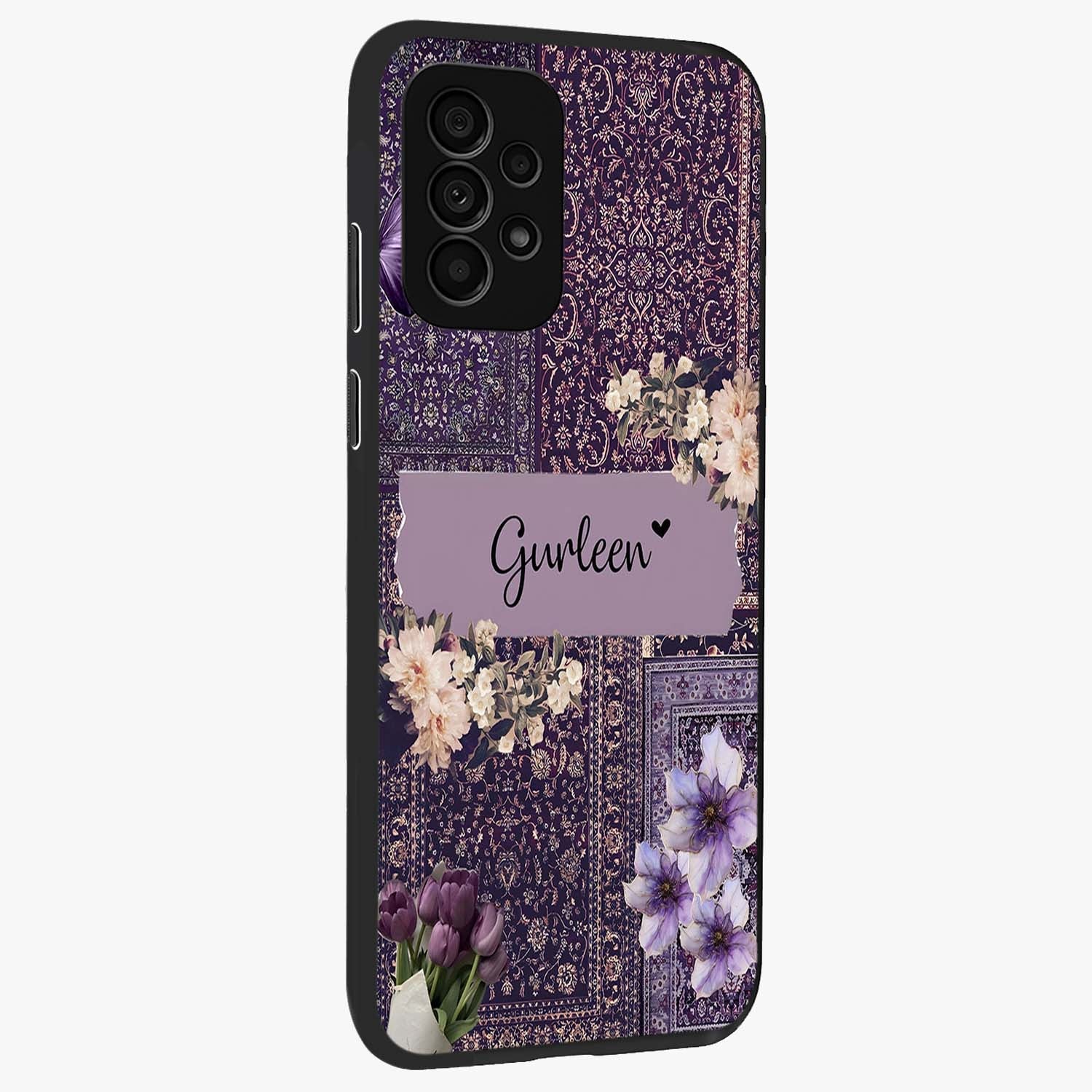 Antique Floral Whisper Custom Name Glass Case upright view showcasing delicate floral artwork with custom name feature.