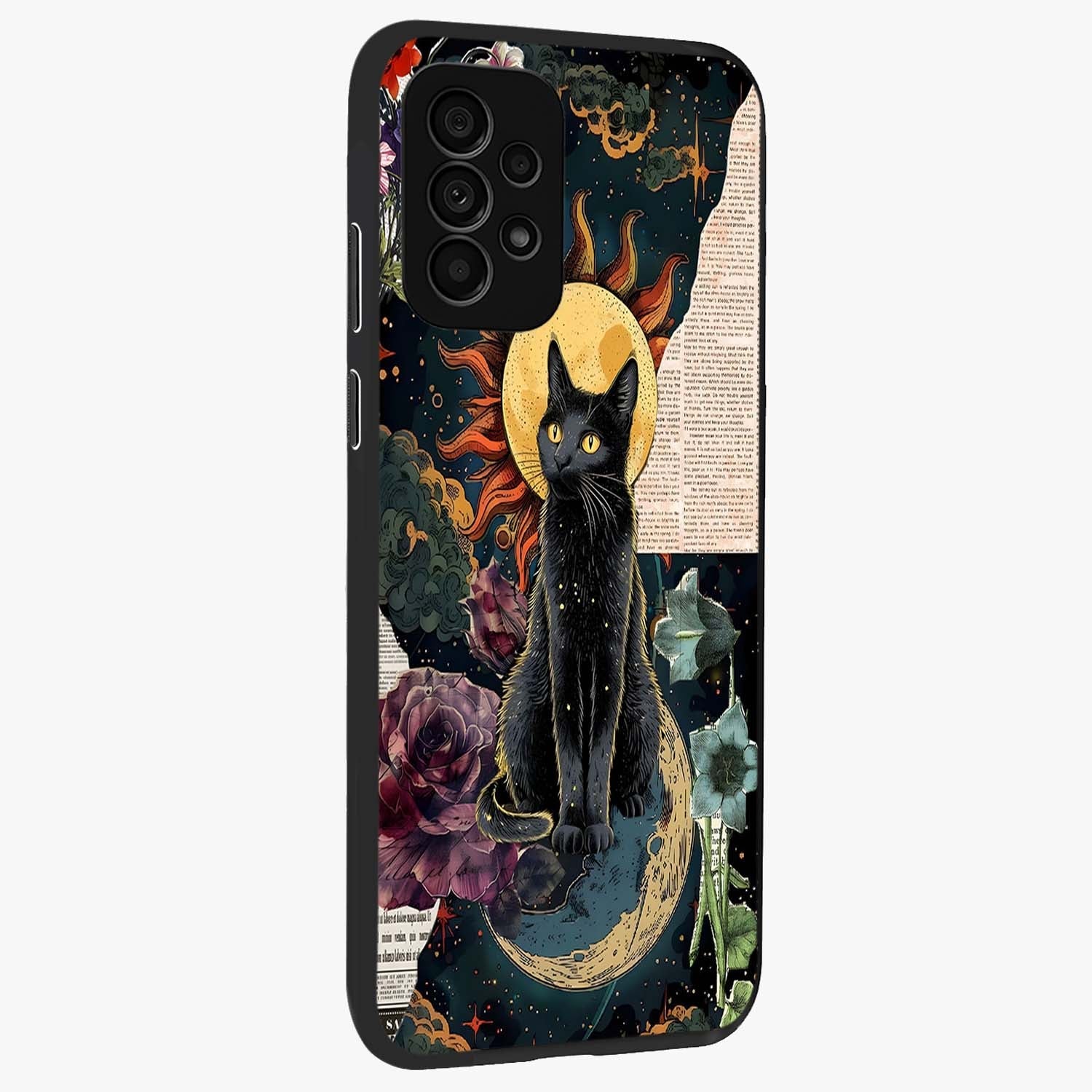 Celestial Black Cat Glass Case upright view showcasing magical black cat illustration with starry cosmic theme.