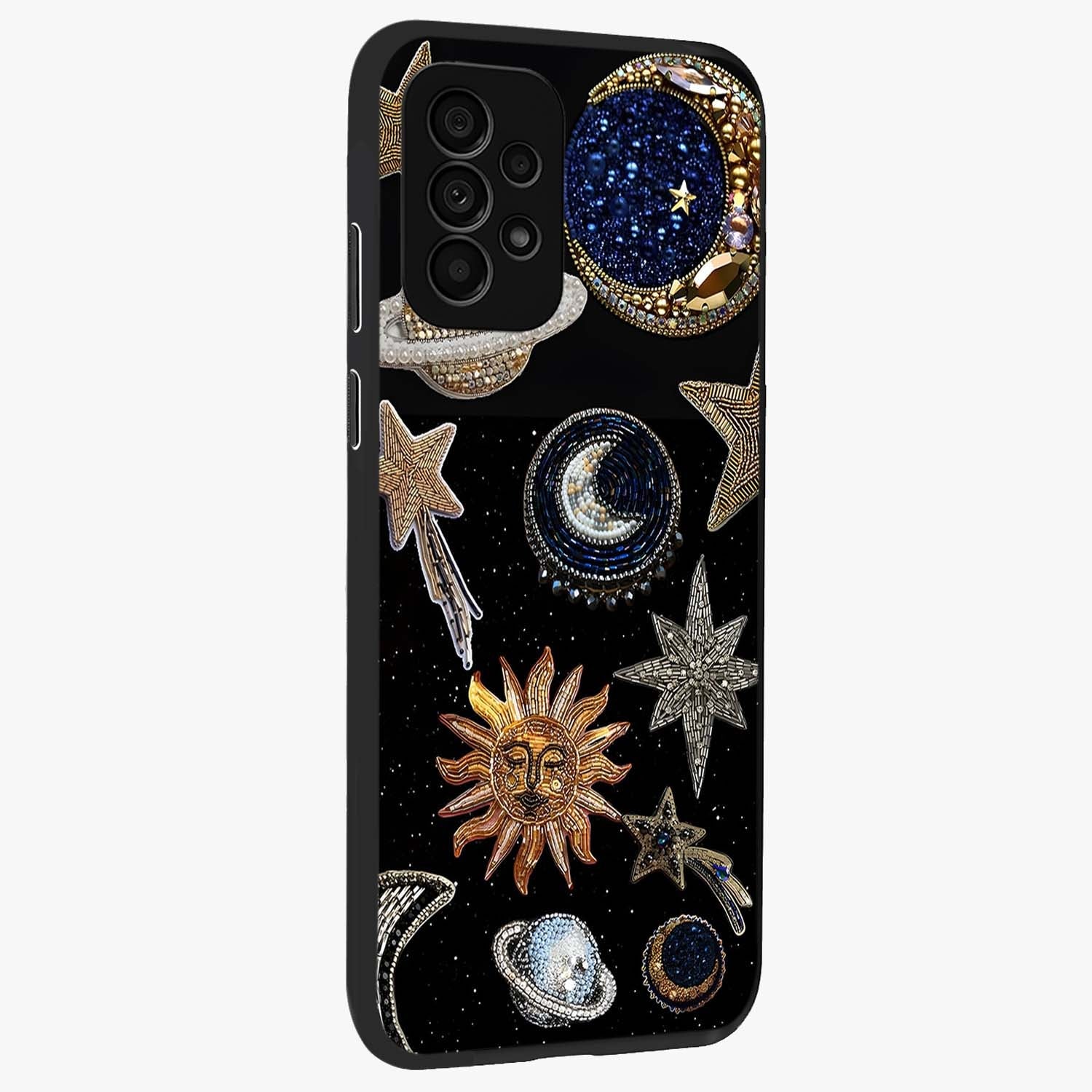 Celestial Gem Constellations Glass Case upright view showcasing cosmic constellation artwork with celestial aesthetic style.
