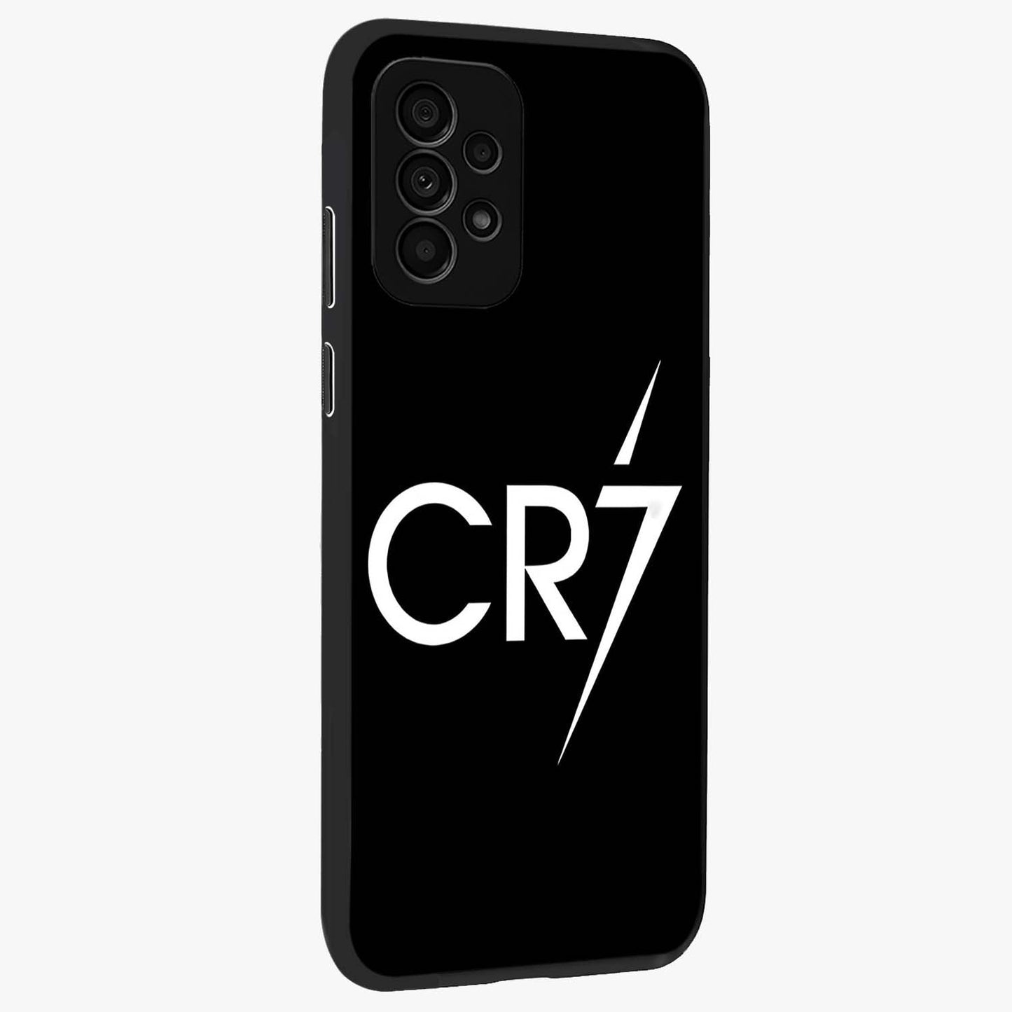 Cr7 Elite Strike Glass Case upright view showcasing energetic football inspired design with modern sports aesthetic.