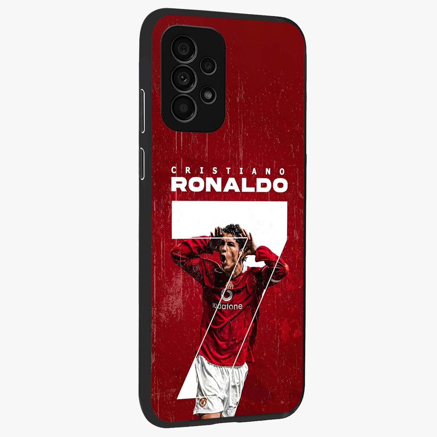 Goal Celebration Legacy Glass Case upright view showcasing dynamic football inspired artwork with victory celebration aesthetic.