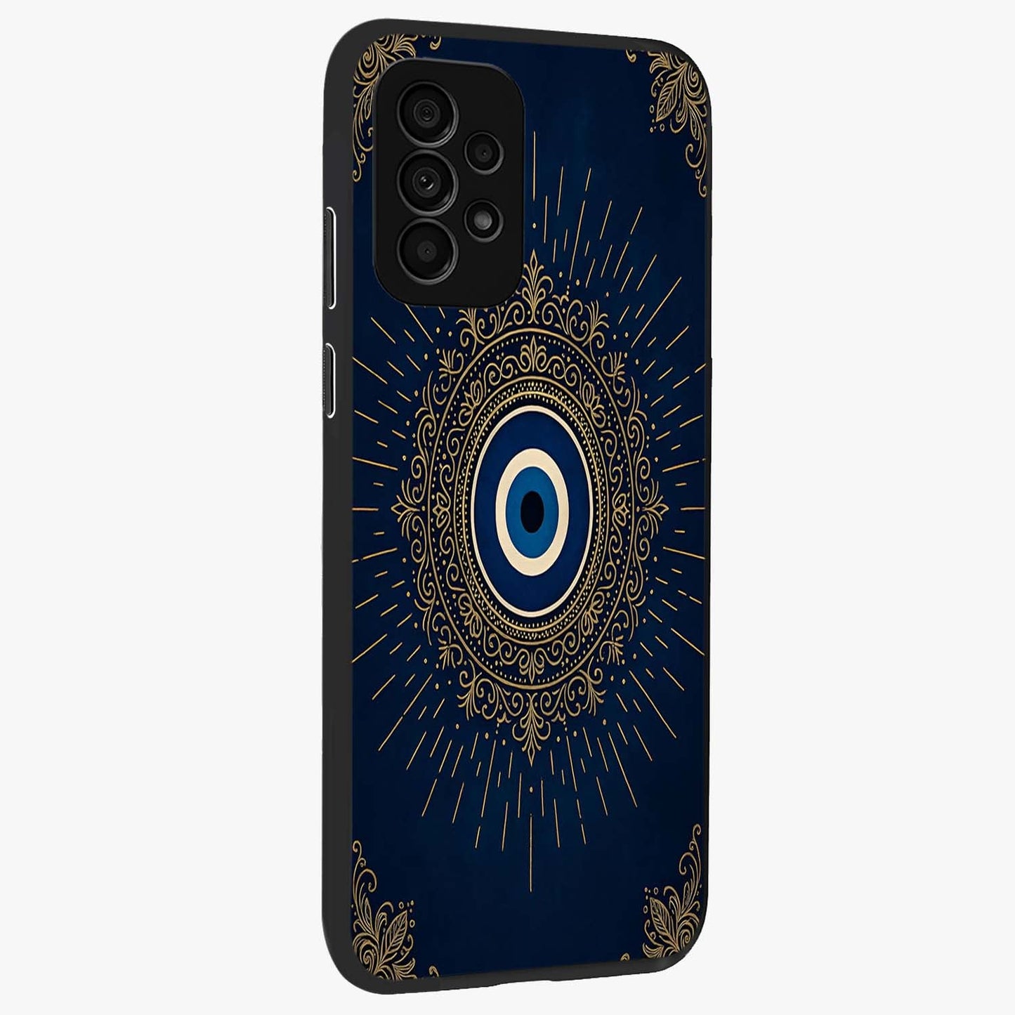 Golden Celestial Charm Glass Case upright view showcasing radiant celestial artwork with elegant golden theme.