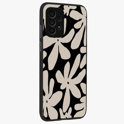 Monochrome Petal Dance Glass Case upright view showcasing artistic floral pattern with stylish monochrome theme.