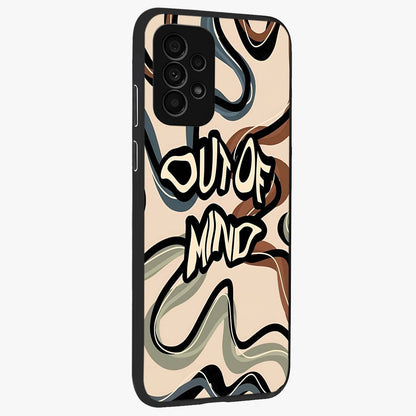 Out Of Mind Glass Case upright view showcasing striking typography artwork with edgy conceptual theme.
