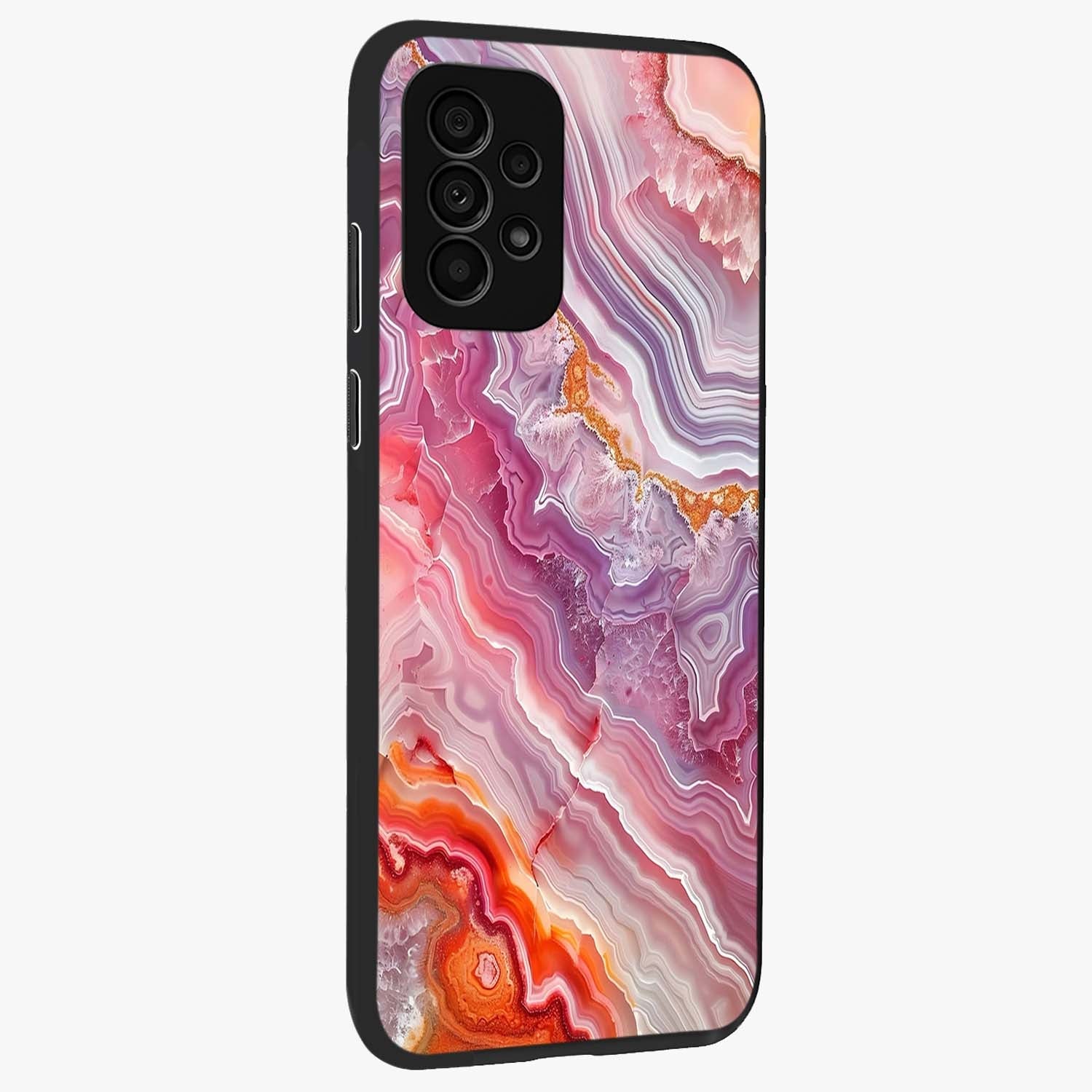 Rose Quartz Marble Glass Case upright view showcasing decorative marble artwork with luxurious pastel theme.