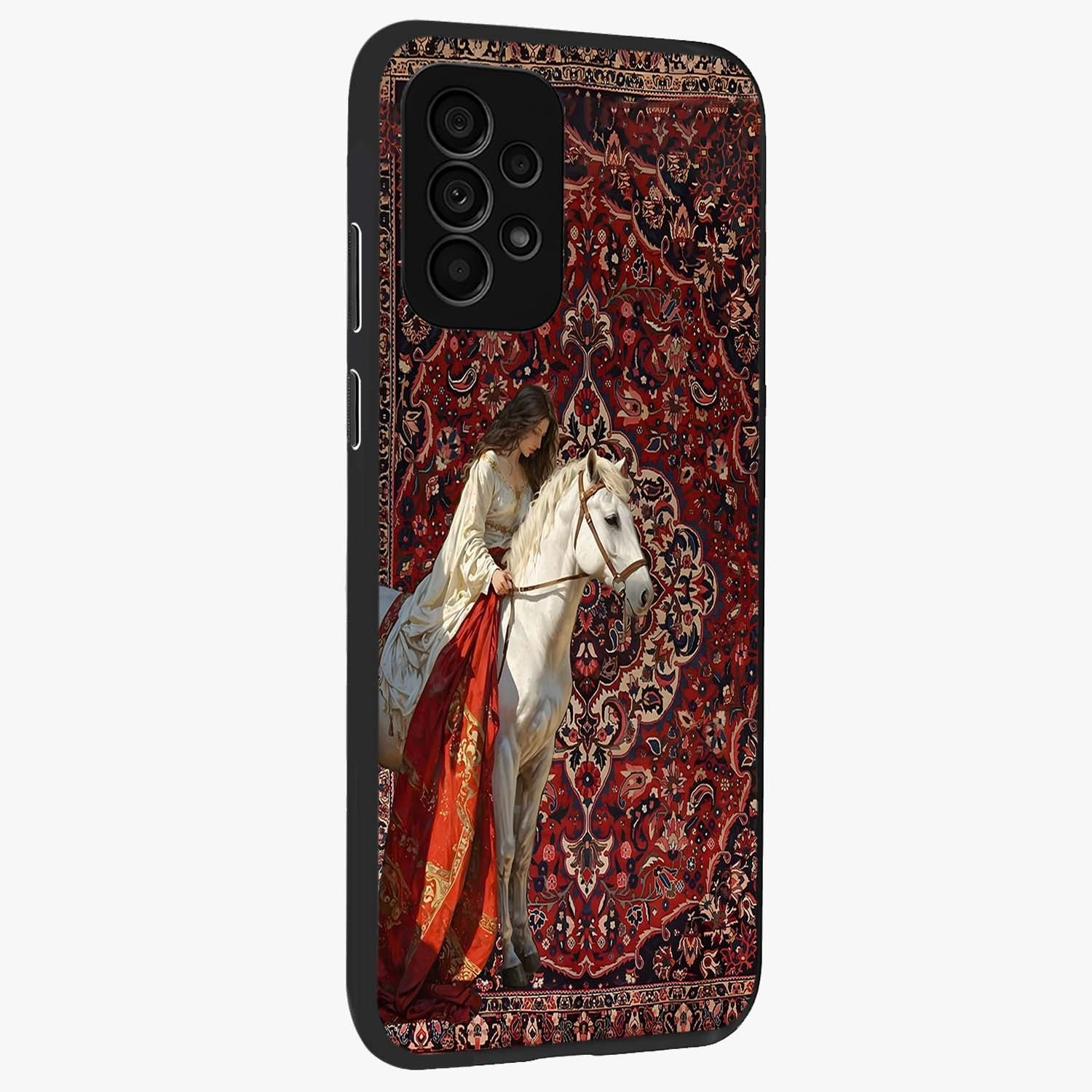 Royal Rider Tapestry Glass Case upright view showcasing detailed rider artwork with classic tapestry theme.